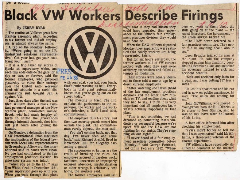 Black VW Workers Describe Firings Newspaper Clipping